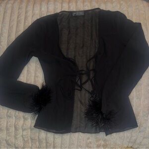 White Fox Chic Black Sheer Top with Feather Cuffs